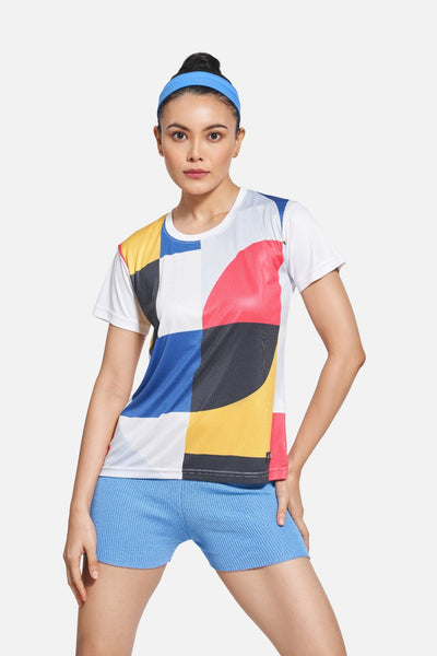 Women's Workout T-Shirt, Multicolour, Abstract Print, Round Neck, Dry Fit 