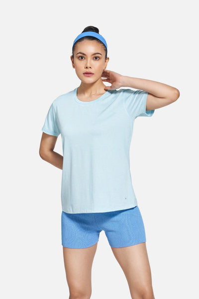 Women's Blue Yoga T-Shirt, Round Neck, Stretchable